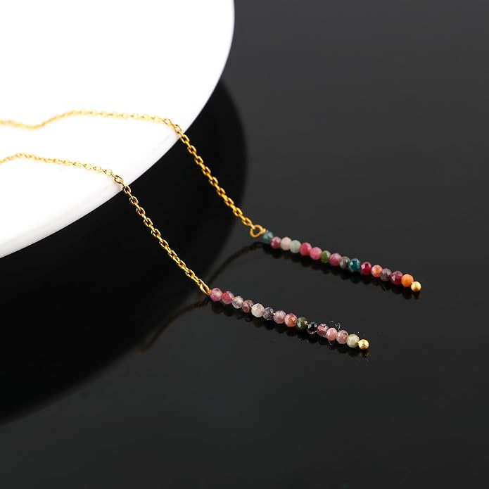 Natural Gemstone Threader Earrings for Women - Dainty 2mm Faceted Beads - Birthstone Crystal Drop Earrings - Silver Plated Healing Jewelry