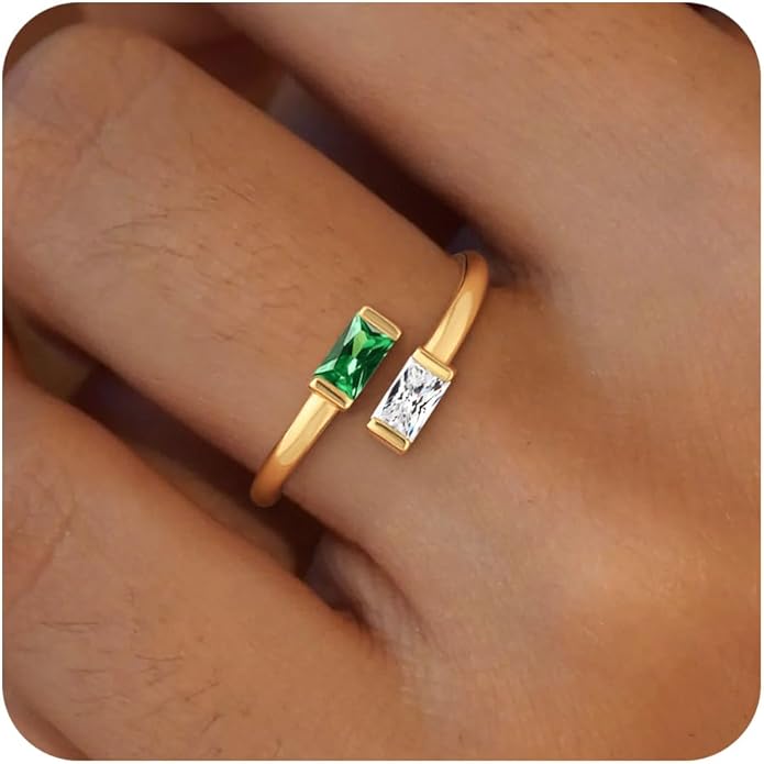 Honsny Gold Birthstone Rings for Women Non Tarnish 14K Gold Plated Adjustable Emerald Ring Cubic Zirconia Gemstone Promise Ring for Her Engagement Personalized Waterproof Jewelry Gifts for Birthday