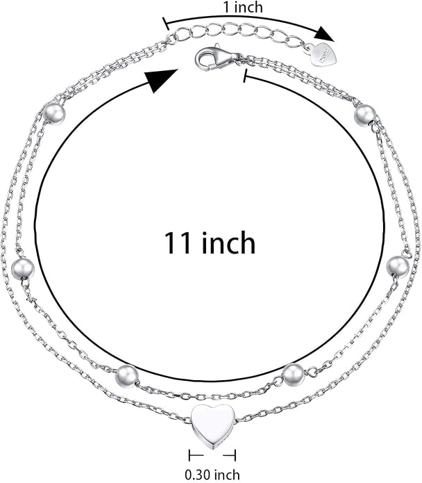 Flyow Anklet for Women S925 Sterling Silver Adjustable Foot Beaded Heart Charm Ankle Bracelet Anklets Jewelry