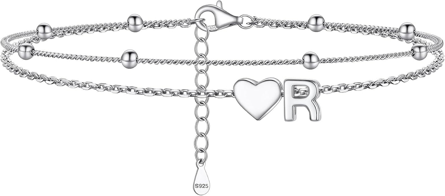 PROSILVER Ankle Bracelets for Women S925 Sterling Silver Anklets for Women Waterproof, Dainty Layered Heart Anklet, Beach Initial Anklet for Summer, Letter A-Z