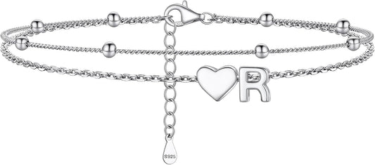 PROSILVER Ankle Bracelets for Women S925 Sterling Silver Anklets for Women Waterproof, Dainty Layered Heart Anklet, Beach Initial Anklet for Summer, Letter A-Z