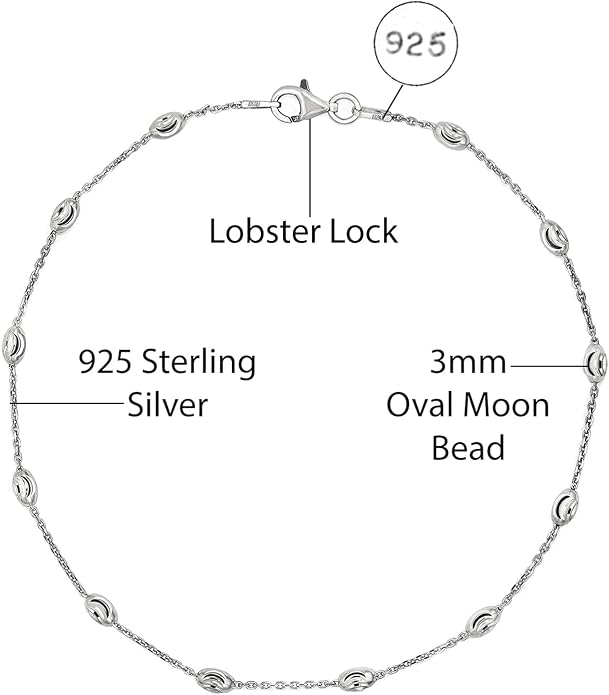 Savlano 18K Gold Plated Over 925 Sterling Silver Station Oval Moon Bead Anklet Chain For Women. Silver, Gold, Rose Gold - Made in Italy Comes With a Gift Box