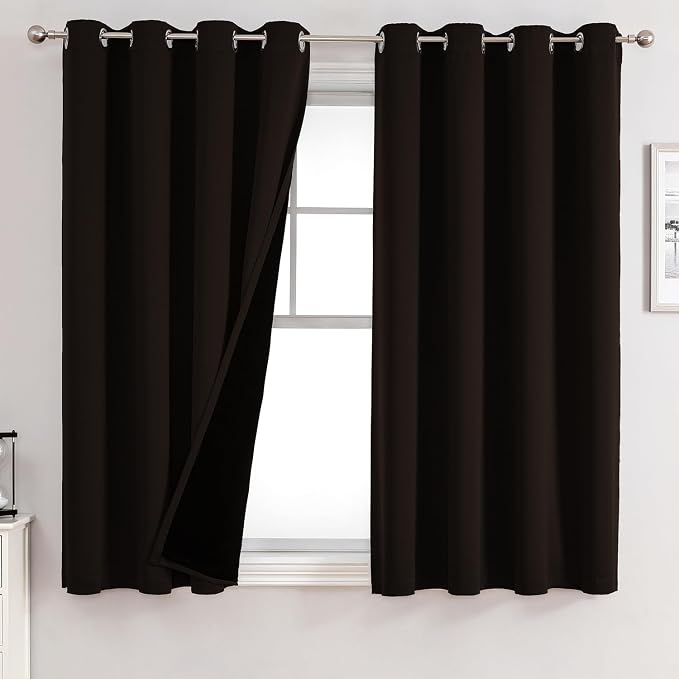 ChrisDowa 100% Blackout Curtains for Bedroom 2 Panels Set with Black Liner | 2 Thick Layers, Thermal Insulated, Light Blocking, Grommet, Window Treatment, Living Room Drapes, Brown, 52 x 54 Inch