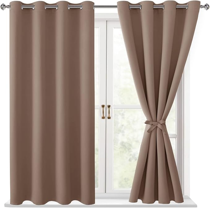 Hiasan Blackout Curtains for Bedroom, 52 x 54 Inches Long - Thermal Insulated & Light Blocking Window Curtains for Living Room, 2 Drape Panels Sewn with Tiebacks, Cappuccino
