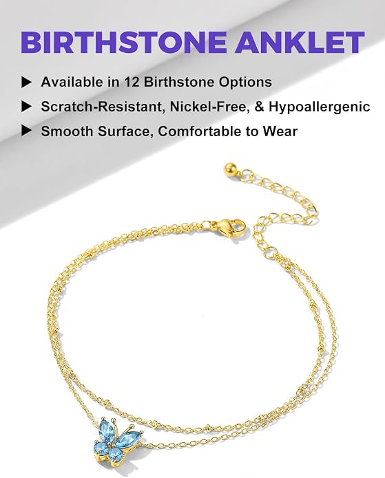 Richsteel Double Layer Heart/Butterfly Birthstone Anklet for Women Non Tarnish Waterproof, Silver/Gold/Black Stainless Steel 8.5-10.5 Inch Adjustable Chain Anklets Jewelry Gifts for Her