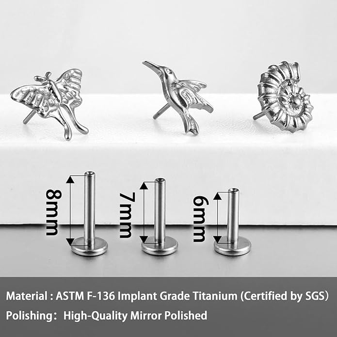 Casvort 3 PCS ASTM F136 Titanium 16G/18G Moth Bird Snail Flower Heart Spiral Threadless Flatback Piercing Stud for Nose, Labret, Tragus, Helix, Conch with 6mm 7mm and 8mm Post- Cartilage Earring Body Piercing Jewelry