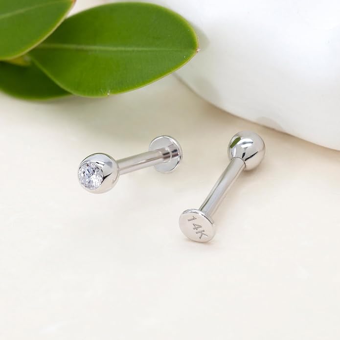 14k Yellow/White Gold Body Jewelry Earrings for Women Threaded Micro CZ Gem Top Tragus/Helix/Labret Stud 16G 6mm 8mm