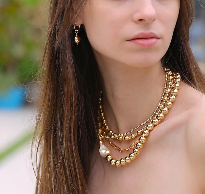 Natural Freshwater Baroque Pearl Necklace 14K Gold Plated Dainty Choker Necklace for Women Girls Snake Chain/Cuban Link/Paperclip/Ball Beaded Chain/Tennis Chain Fashion Jewelry for Gift
