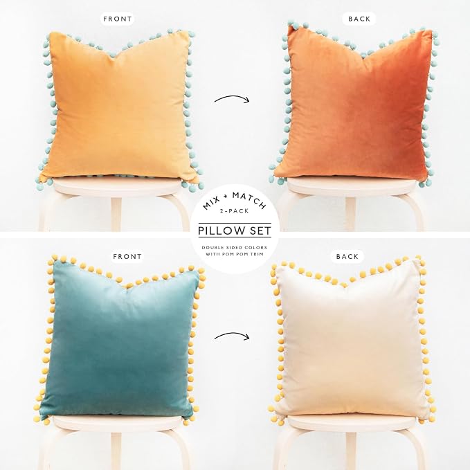 MONDAY MOOSE Decorative Throw Pillow Covers Cushion Cases, Set of 2 Soft Velvet Pom Poms Double-Sided Designs, Mix and Match for Home Decor, Pillow Inserts Not Included (16x16 inch, Orange/Teal)