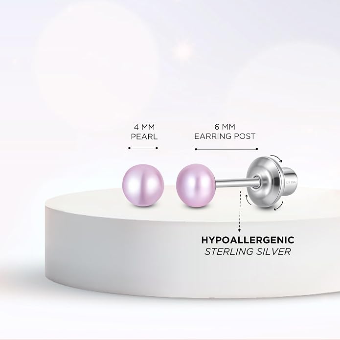 Pearl Screw Back Stud Earrings for Baby, Toddler, Girls | Hypoallergenic 925 Sterling Silver Screwback Safety Earrings | Simulated Pearl Studs for Sensitive Ears | Keepsake Gift for Birthdays Holidays Special Occasions
