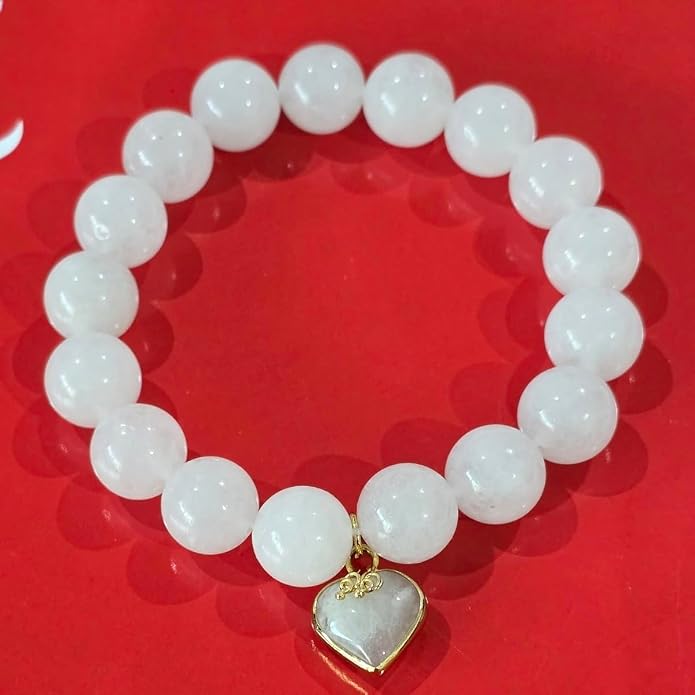 Premium White Jade Bracelet with Heart Charm – Natural White Jade Beaded Stretch Bracelet for Women, Elegant Lucky Crystal Jewelry Gift with Red Satin Pouch