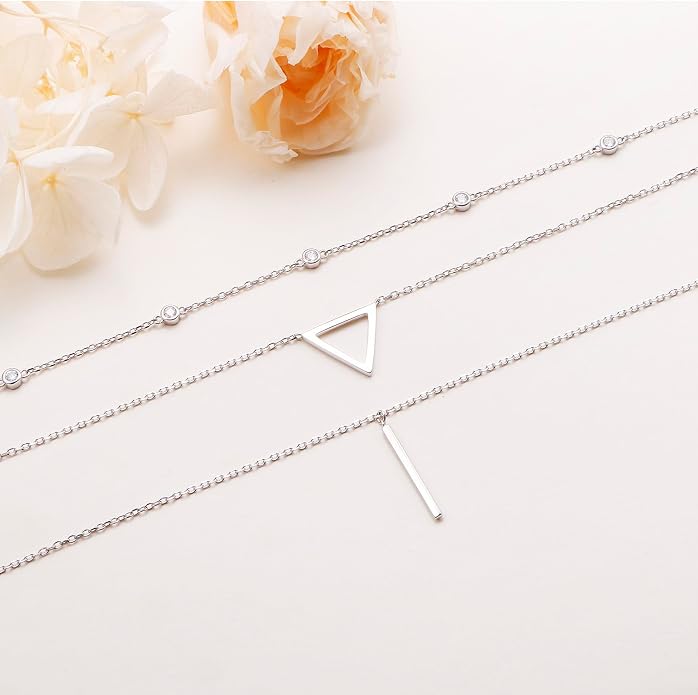 Layered Choker Necklaces for Women S925 Sterling Silver Circle/Heart/Cross/Star Multi Layered Necklace Handmade Bead Chain Adjustable Jewelry for Birthday