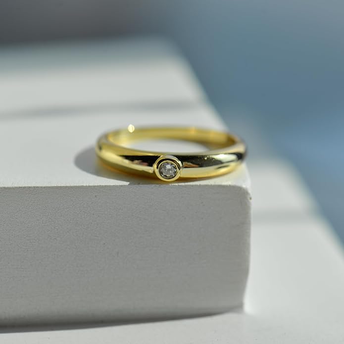LEMON GRASS Bezel Set Round CZ Thin Dome Ring | Minimalist Stacking Band Signet Ring in Gold