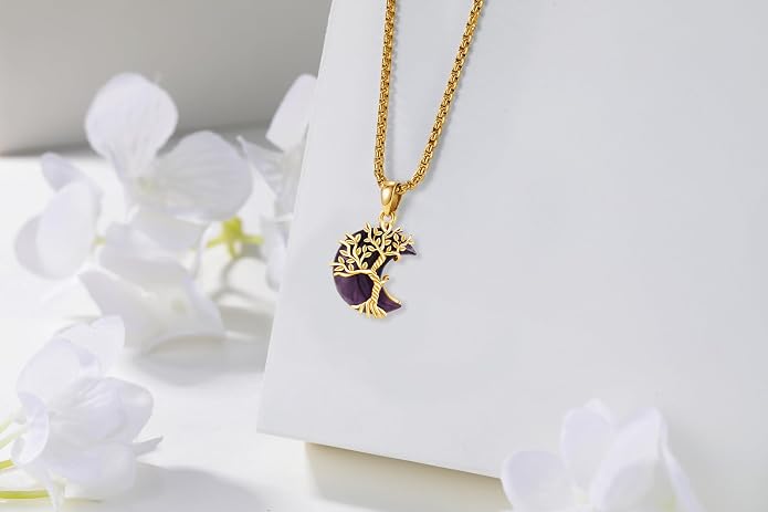 925 Sterling Silver Tree of Life Necklace, Crescent Moon Pendant with Amethyst, Moon Crystal Healing Jewelry Gift for Women