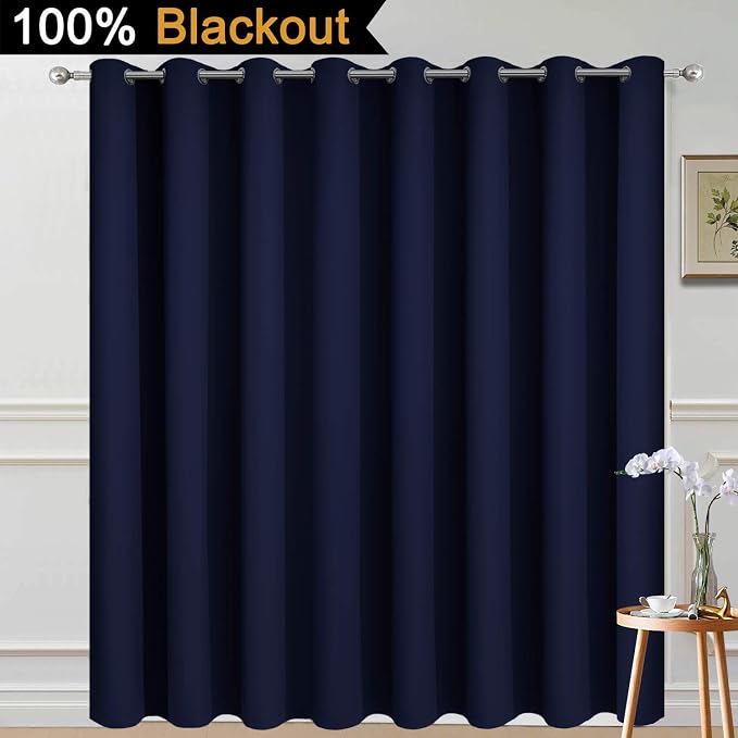 Yakamok Navy Blue Blackout Patio Door Curtain Panels W100 x L84, 1 Panel | Noise Reducing Barrier Panel for Sliding Glass Door, 2 Thick Layers Heat Full Light Blocking Patio Door Drapery