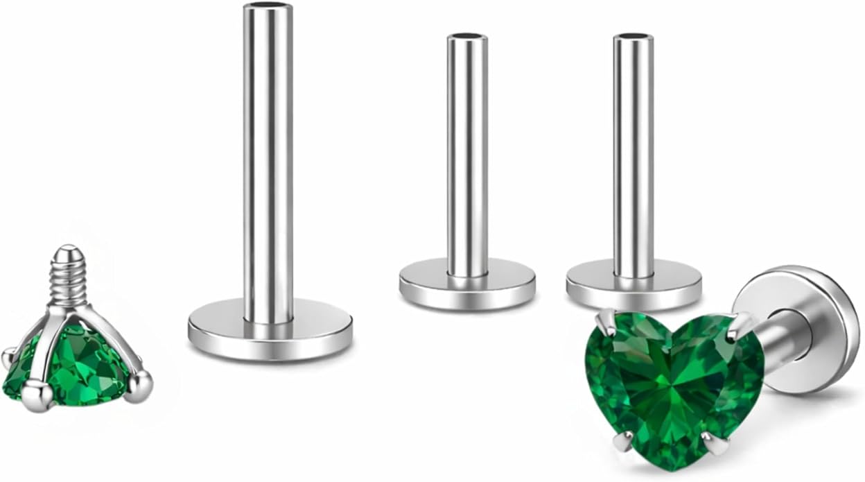 Titanium Heart CZ Labret Stud Earrings for Piercings by Ginger Lyne 6Pc Set G23 Screw Front Flat Back Body Jewelry 2 pair post 6mm, 8mm Cartilage, Helix, Tragus, Lip, Conch, Lobe