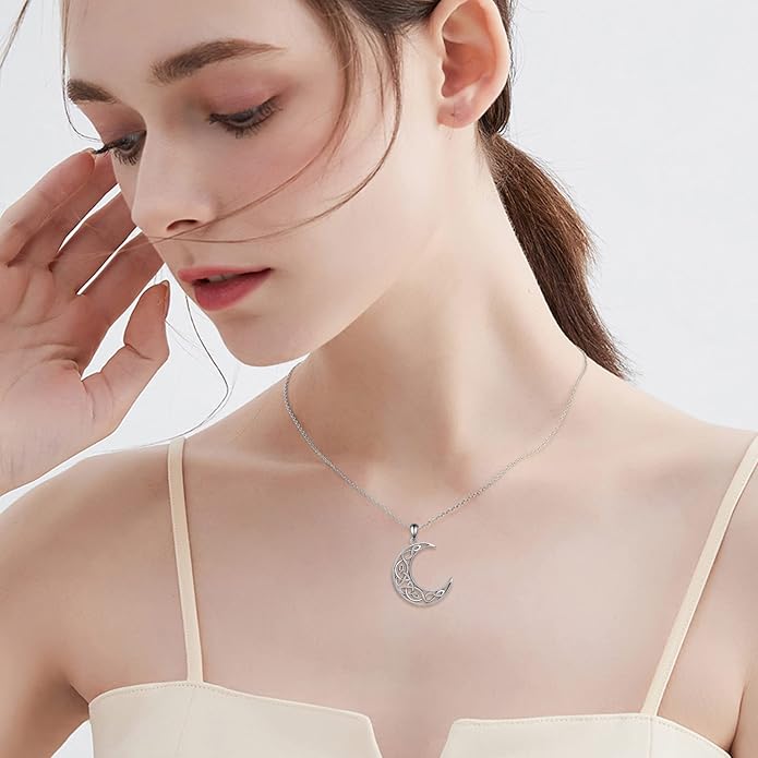 Celtic Moon Necklace for Women 925 Sterling Silver Wiccan Jewelry for Women Cross Triple Moon Viking Jewelry for Men