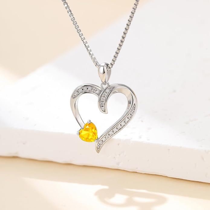 Love Heart Necklace for Women, 925 Sterling Silver Cubic Zirconia Birthstone Heart Pendant Jewelry Gift for Mom, Mother, Wife, Girlfriend on Birthday, Mother's Day, Chain 18 inch