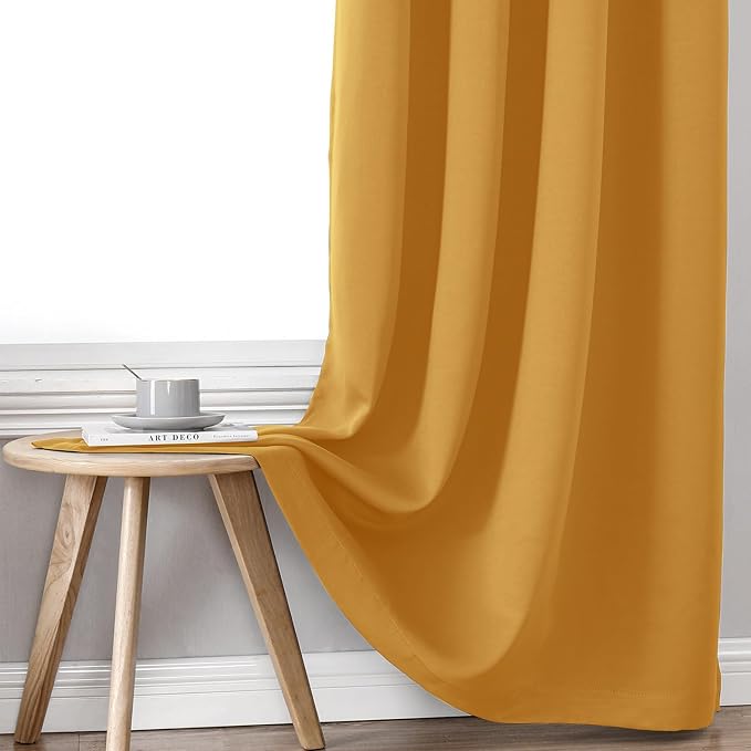 ChrisDowa 100% Blackout Curtains for Bedroom 84 Inches Long 2 Panels Set | 2 Thick Layers Total Light Blocking Thermal Insulated Grommet Window Curtains for Living Room, Mustard Yellow, 52 x 84 Inch