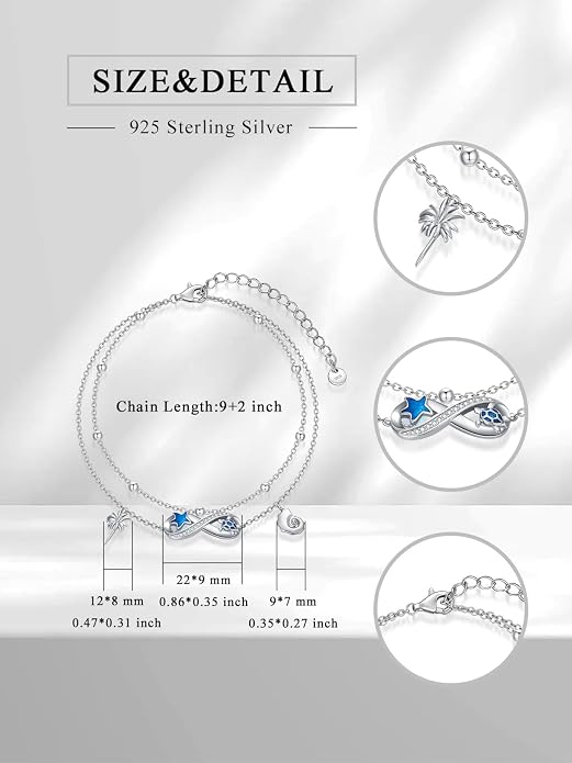 Ankle Bracelets for Women, 925 Sterling Silver Infinity/Heart/Pineapple/Butterfly/Turtle/Evil Eye/Sand Dollar Anklets Waterproof, Christmas Birthday Bracelet Anklets Jewelry Gift Adjustable