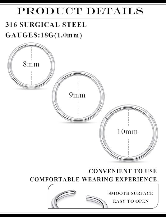 20G 18G 16G 14G 12G 10G 8G 6G 4G 2G Nose Rings Hoops 316l Surgical Steel Clicker Septum Lip Ring Tragus Helix Daith Rook Conch Snug Cartilage Lobe Earrings Hoop Piercing Jewelry For Women Men