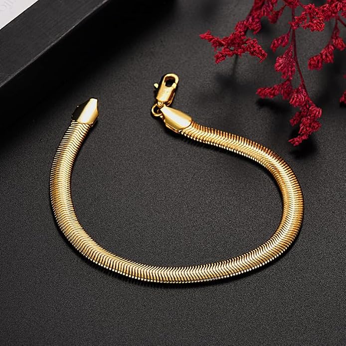 18K Gold Plated Snake Chain Bracelet for Men and Women, 6mm Flat Flexible Chain, Smooth Herringbone Style, Hypoallergenic Jewelry for Daily Wear, Minimalist Gift