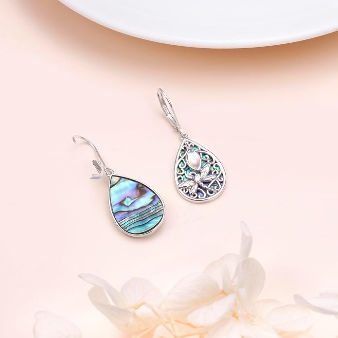 Dragonfly Filigree Earrings 925 Sterling Silver Created Abalone Shell Moonstone Teardrop Dangle Jewelry Birthday Mother’s Day Gifts for Women