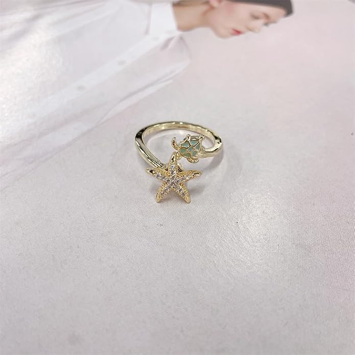 Dainty CZ Starfish Sea Turtle Open Adjustable Fidget Rings for Women Cute Crystal Sea Star Anxiety Spinner Statement Finger Band Rotating Animal Ring Comfort Fit Fashion Jewelry
