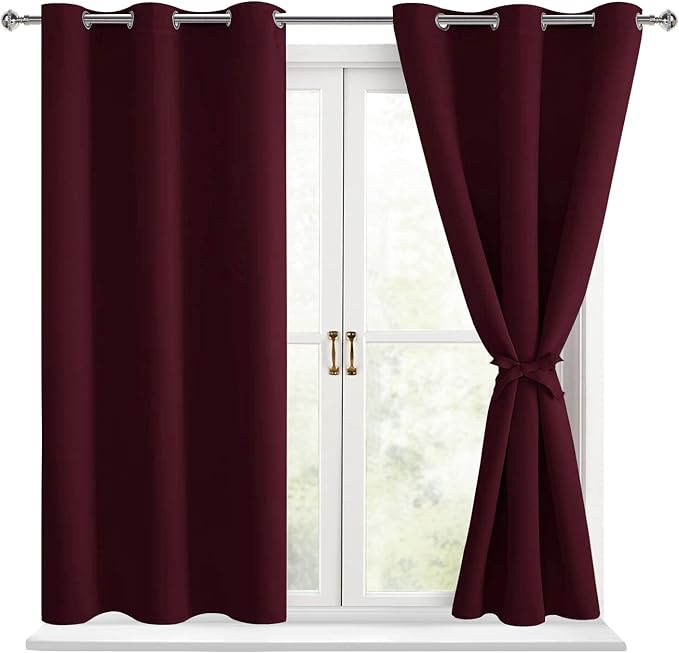 Hiasan Blackout Curtains for Bedroom - Thermal Insulated & Light Blocking Window Curtains for Living Room Christmas Decor, 2 Drape Panels Sewn with Tiebacks, Burgundy, 38 x 54 Inch