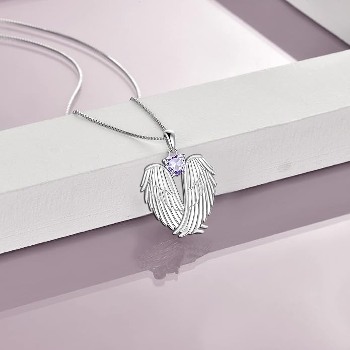 YFN Angel Wings Necklace 925 Sterling Silver Guardian Angel Wings Pendant Necklace Birthstone Necklace for Women Girls Christmas Jewelry Gifts