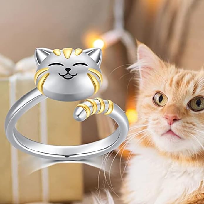 Cute Cat Pet Anxiety Relieve Spinner Rings Kitten Animal Fidget Open Adjustable Ring Sterling Silver Plated Worry Stress Relieving Boredom ADHD Autism Jewelry Stacking Finger Promise Engagement Gift