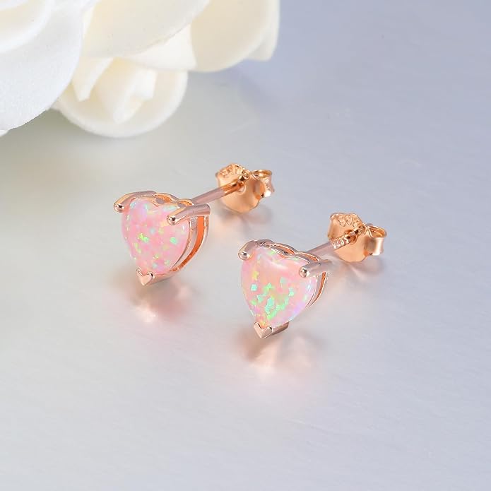 CiNily 925 Sterling Silver Stud Earrings for Women Teen, Heart Opal Stud Earrings, Dainty Cartilage Small Studs for Men, Heart Birthstone Earrings Lightweight Opal Jewelry for Mothers Day Birthday