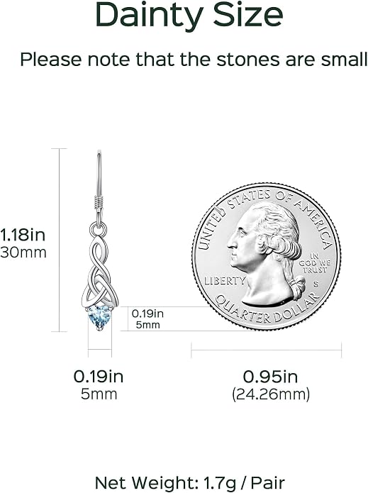ChicSilver Sparkling Heart Birthstone 925 Sterling Silver Celtic Knot Dangle Hook Earrings (with Gift Box)