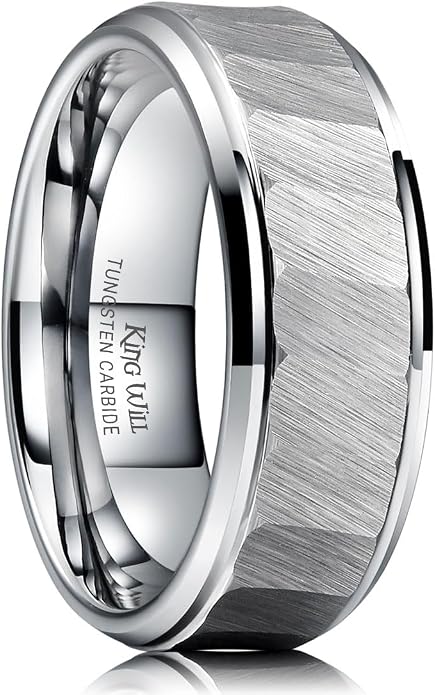 King Will Classic Tungsten Carbide Ring Brushed Two Grooved Center Hammered Design Mens Wedding Band for Men