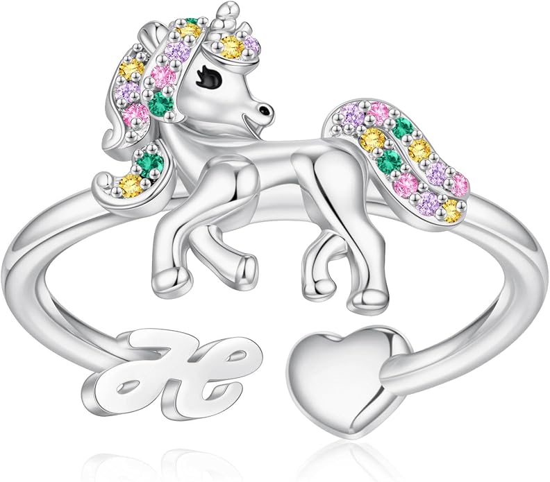 Unicorn Initial Rings for Teen Girls, Rose Gold/White Gold Plated Heart Initial Rings for Girls Adjustable Stackable Rings for Women Diny Heart Ring for Teen Girls Gifts Unicorns Gifts for Girls