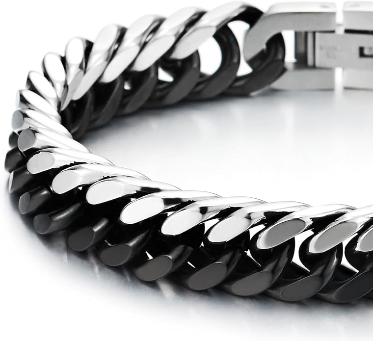 COOLSTEELANDBEYOND Mens Stainless Steel Two-tone Curb Chain Bangle Bracelet, Satin Finish