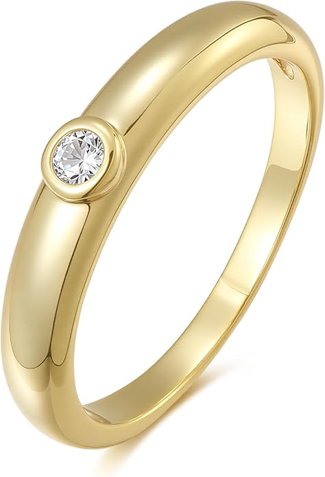 LEMON GRASS Bezel Set Round CZ Thin Dome Ring | Minimalist Stacking Band Signet Ring in Gold