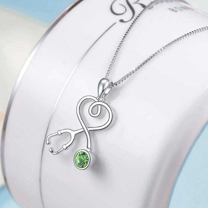 AOBOCO Stethoscope Necklace 925 Sterling Silver Embellished with 12 Months Birthstone Crystals from Austria, Graduation Gifts Medical Jewelry for Doctor Nurse Medical Student RN