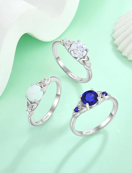 Celtic Knot Rings for Women 925 Sterling Silver Solitaire Ring Wedding Engagement Band Round Birthstone Jewelry Size 5-10