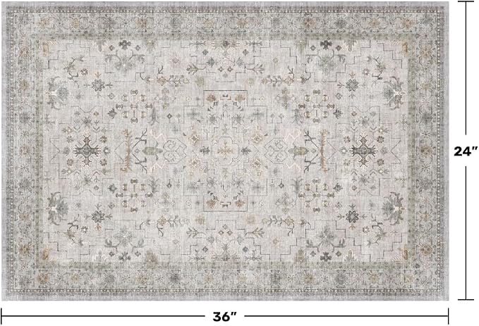 Washable 2x3 Throw Rugs for Entryway, Front Door Mat, Low Pile Non-Slip Small Area Rugs for Kitchen, Bathroom, Powder Room, Mudroom, Neutral Light Gray & Sage with Floral Accent