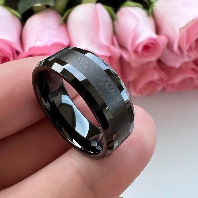 TUTISS 6mm 8mm Silver/Black/Gunmetal/Gold Tungsten Rings for Men Women Fashion Jewelry Engagement Wedding Bands Matte Polished Shiny Beveled Edges Comfort Fit