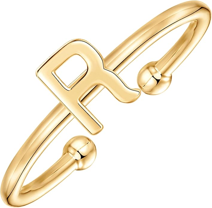 PAVOI 14K Gold Plated Initial Letter Adjustable Ring for Women - Thin Initial Band - Dainty Fashion Jewelry Gifts