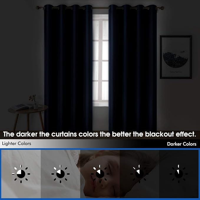 HOMEIDEAS 2 Panels Navy Blue Faux Silk Blackout Luxury Curtains, 52 X 84 Inch Room Darkening Satin Thermal Insulated Window Drapes for Bedroom Decor, Indoor