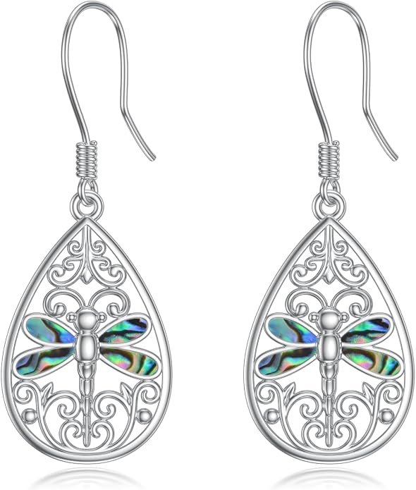 VONALA Abalone Shell Filigree Earrings 925 Sterling Silver Half Butterfly/Dragonfly Teardrop/Long/Vintage Abalone Shell Drop Dangling Earrings Bohemian Jewelry Gifts for Women