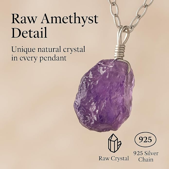 Raw Birthstone Crystal Necklace for Women, Hypoallergenic 925 Sterling Silver Pendant, Adjustable 16+2" Silver Chain, Light Natural Gemstone Jewelry for Everyday Wear & Gift for her & him