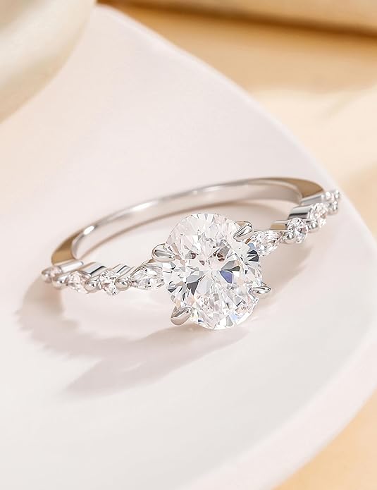 EAMTI 3 Carats 925 Sterling Silver Ring Oval Cut Cubic Zirconia Engagement Solitaire Marquise Promise Ring for Women Size 3-13