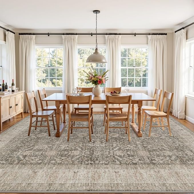 10x12 Area Rug for Living Room: Vintage Boho Neutral Washable Rug Indoor Soft Large Area Rug Carpet for Bedroom Nursery Farmhouse Dining Room Office Floor Non-Slip Low Pile Under Table Rug Warm Taupe
