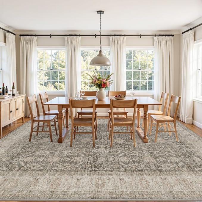 8x10 Area Rugs for Living Room: Vintage Boho Neutral Washable Rug Indoor Soft Large Area Rug Carpet for Bedroom Nursery Farmhouse Dining Room Office Floor Non-Slip Low Pile Under Table Rug Warm Taupe