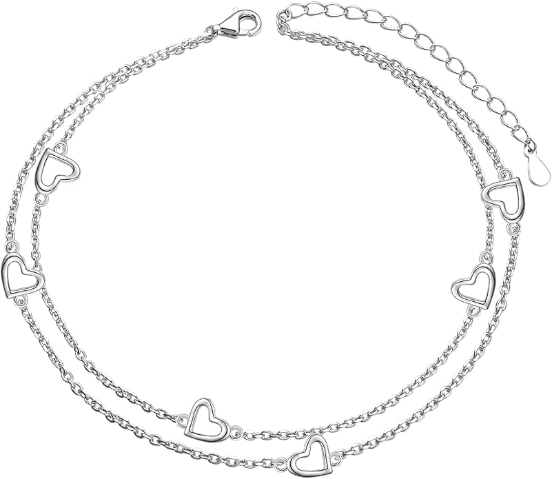 Flyow Anklet for Women S925 Sterling Silver Adjustable Foot Beaded Heart Charm Ankle Bracelet Anklets Jewelry