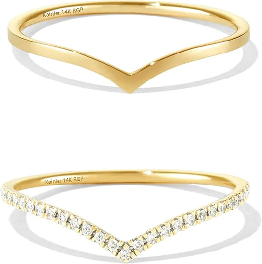 Kainier 2pairs Stacking Rings for Women 1mm 14K Gold Plated CZ V-Shaped Wavy Band Thin Pinky Thumb Stackable Ring Set Dainty Non Tarnish Comfort Fit Size 5 to 10